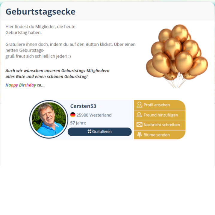 Screenshot, der die Geburtstagsecke zeigt